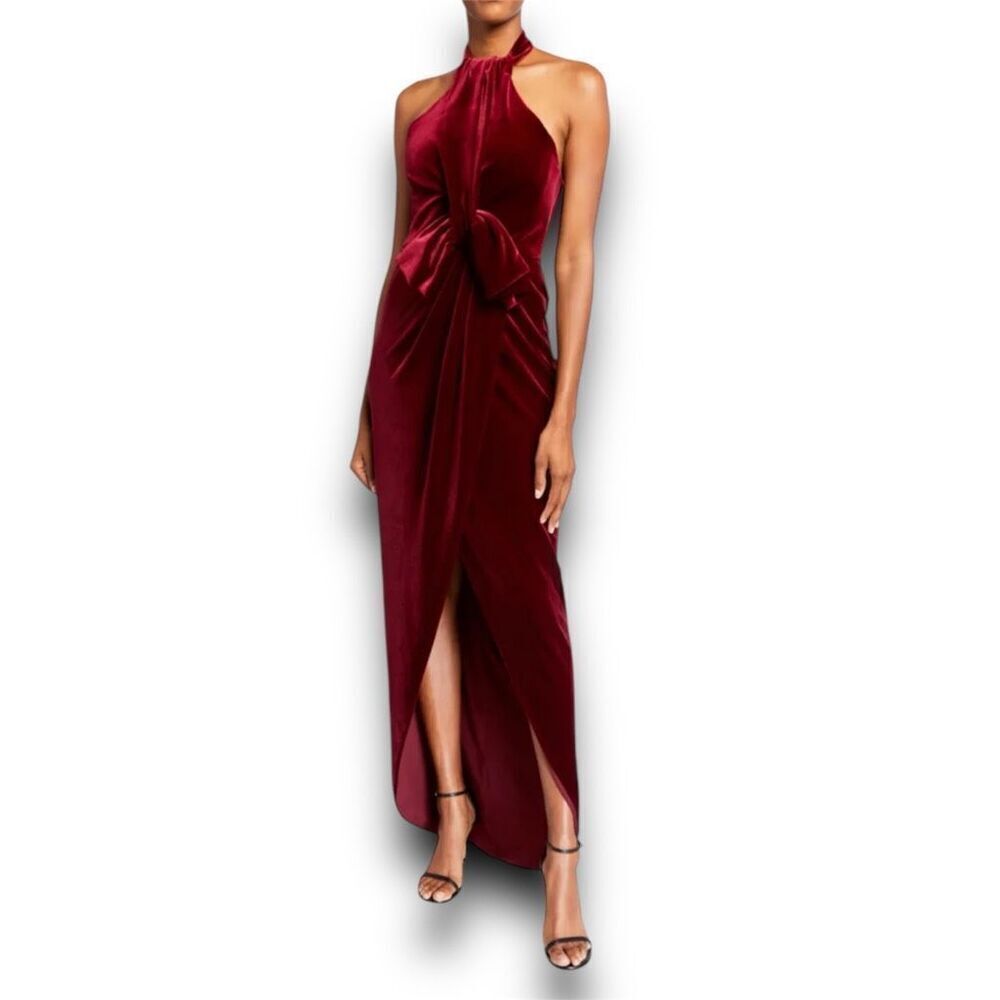 Black Halo, Estelle Smashing Berry High-Low Velvet Halter Bow Gown, Women’s 4